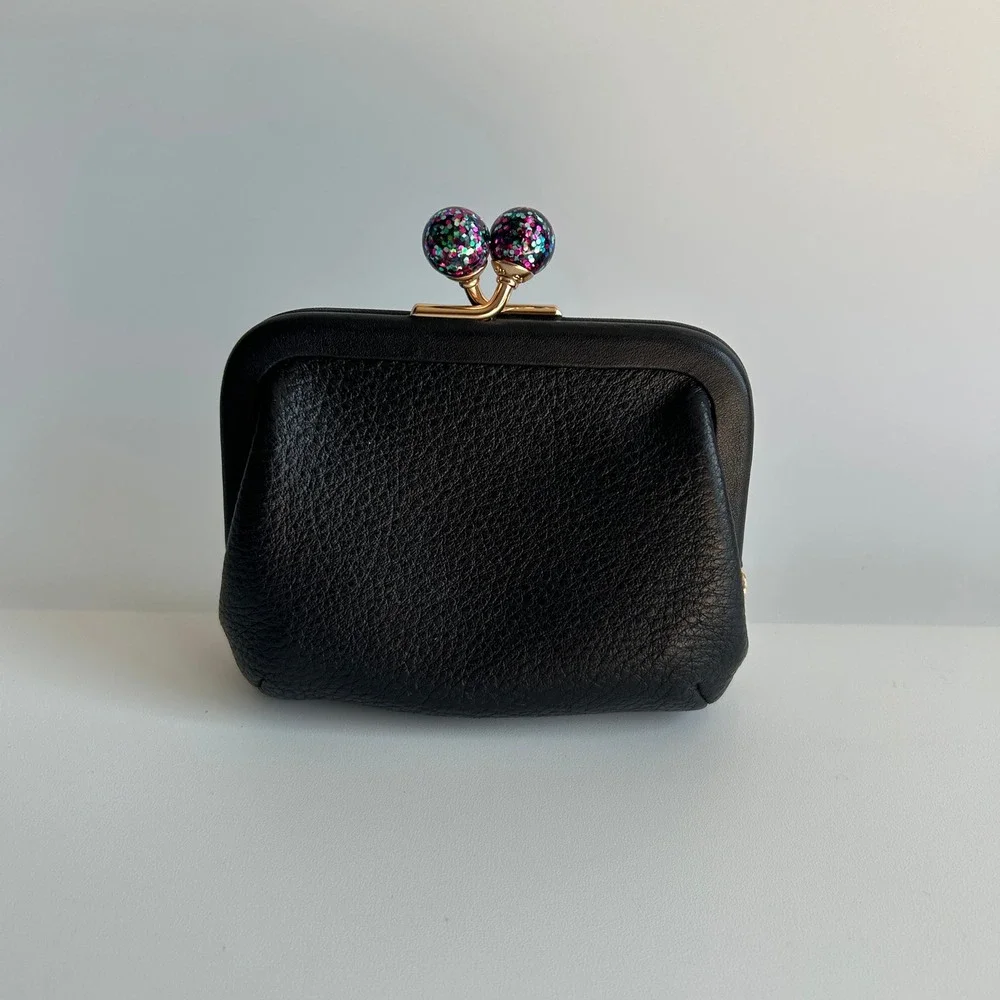 Coach Nora Kisslock Card Case Black Leather Glitter Wallet C2132